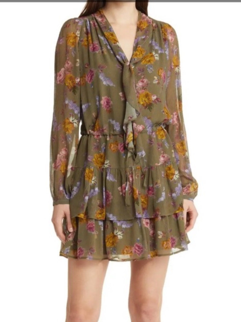Paige Elynne Floral Long Sleeve Silk Chiffon Dress In Moss - size XS - Picture 1 of 9